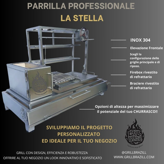 La Estrella - ARGENTINE PARRILLA WITH FRONT ELEVATION AND BRAZIER 100% IN 304 STAINLESS STEEL