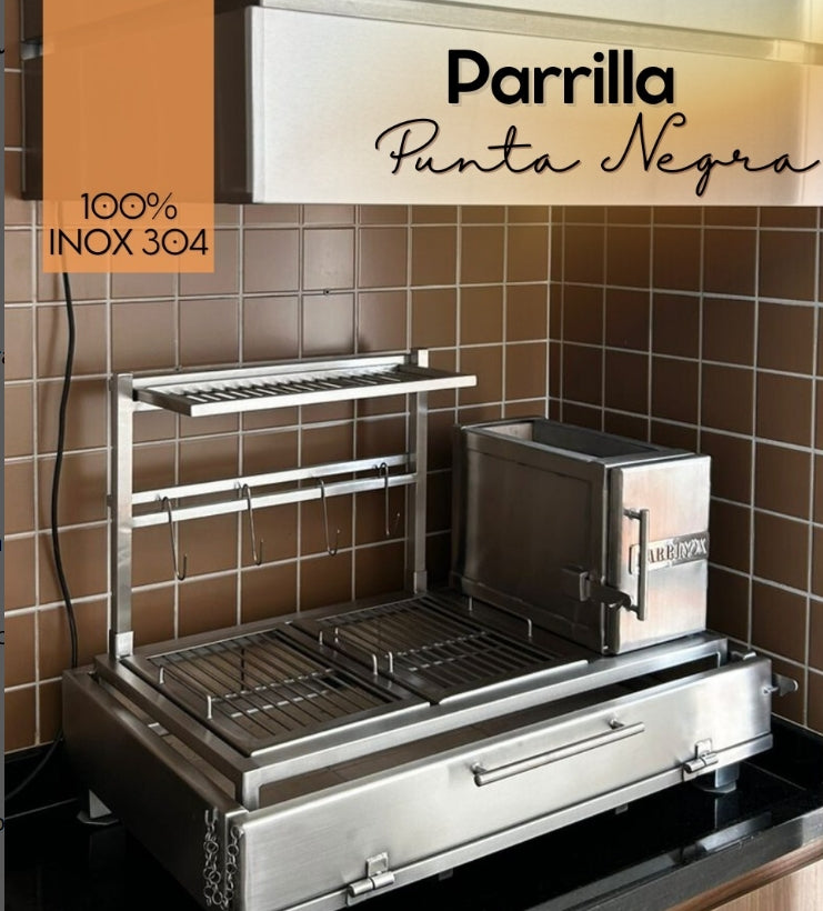 Churrasqueira uruguaia Punta Negra com grelha dupla, 100% em aço inoxidável 304.