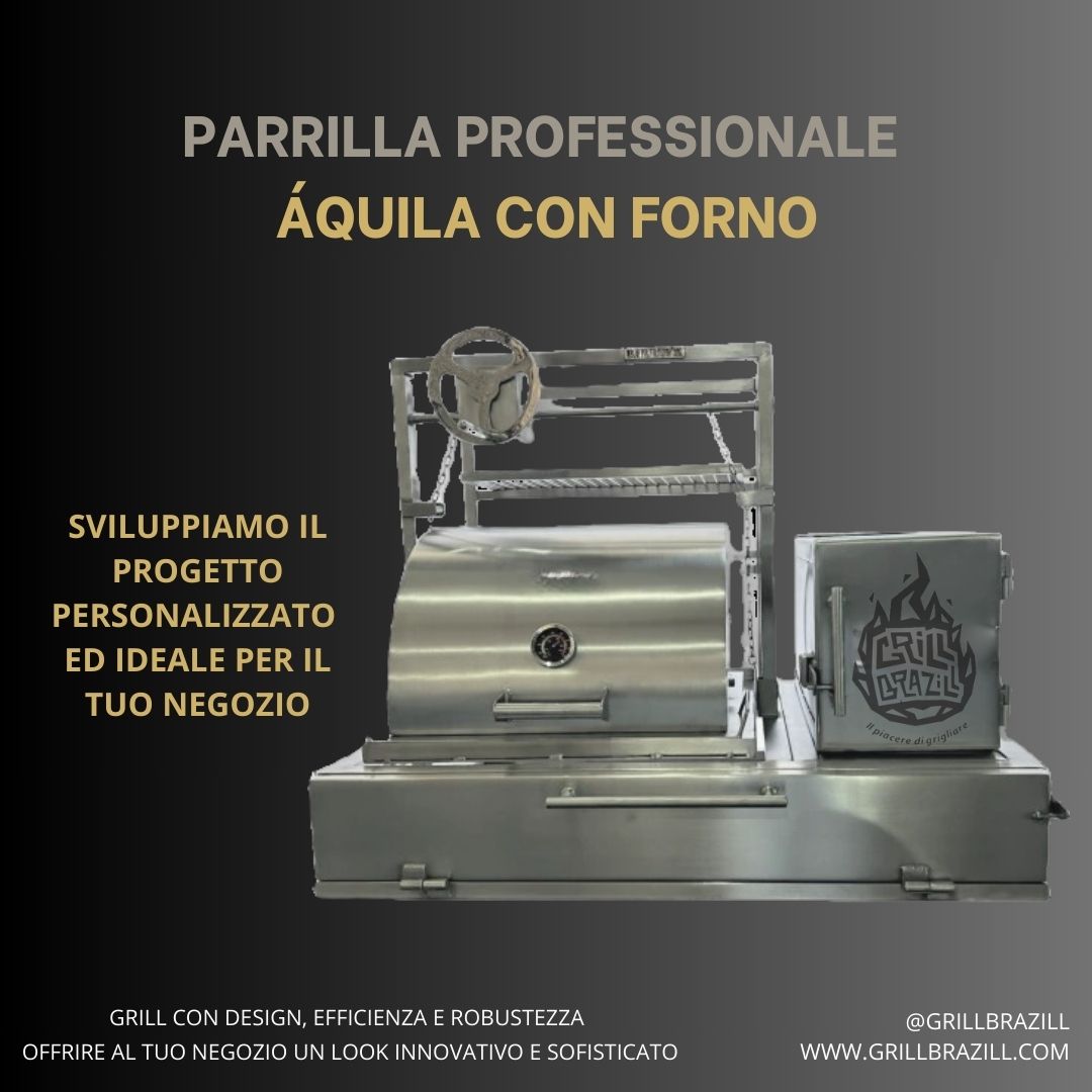 Aquila - PARRILLA ARGENTINA CON GRIGLIE E FORNO PER PIZZA IN ACCIAIO INOX 304