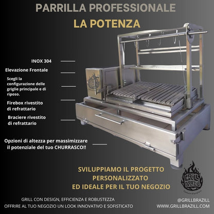 Potenza 2.0 - PARRILLA ARGENTINA CON ALZATA LATERALE E GANCIO DA AFFUMICARE 100% ACCIAIO 304 INOX